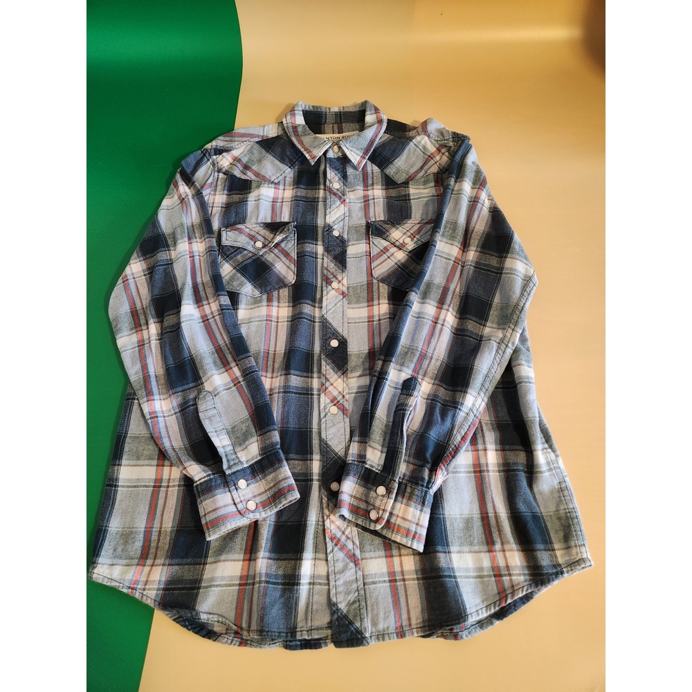 Canyon River Blues Flannel Shirt Mens Large Blue Plaid Western Pearl Snap Cotton